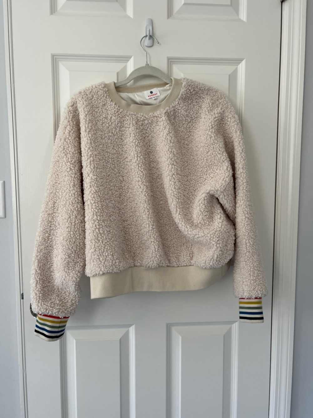 Sundry Cream Sherpa Pullover with Rainbow Stripe Cuffs